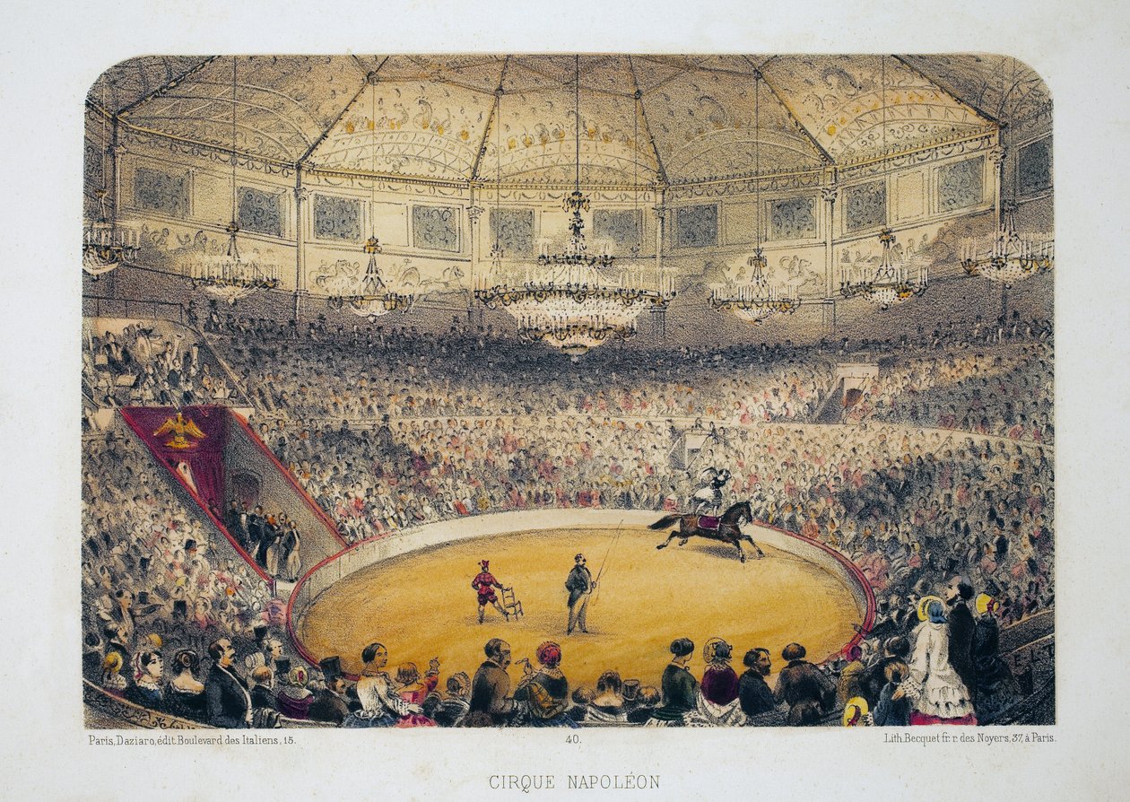 Cirque Napoleon (şimdiki kış sirki, rue Amelot, Paris). Litografi suluboya, illüstrasyon E.de la Tramblaiz, “Albüm, hediyelik eşya de Paris”te, Daziaro editörü, Paris by Emile de la Tramblais