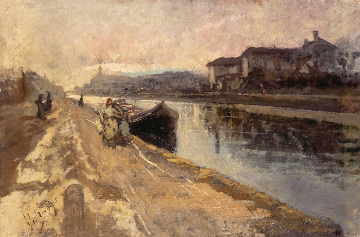 Naviglio kanalı boyunca halktan insanlar by Emilio Gola