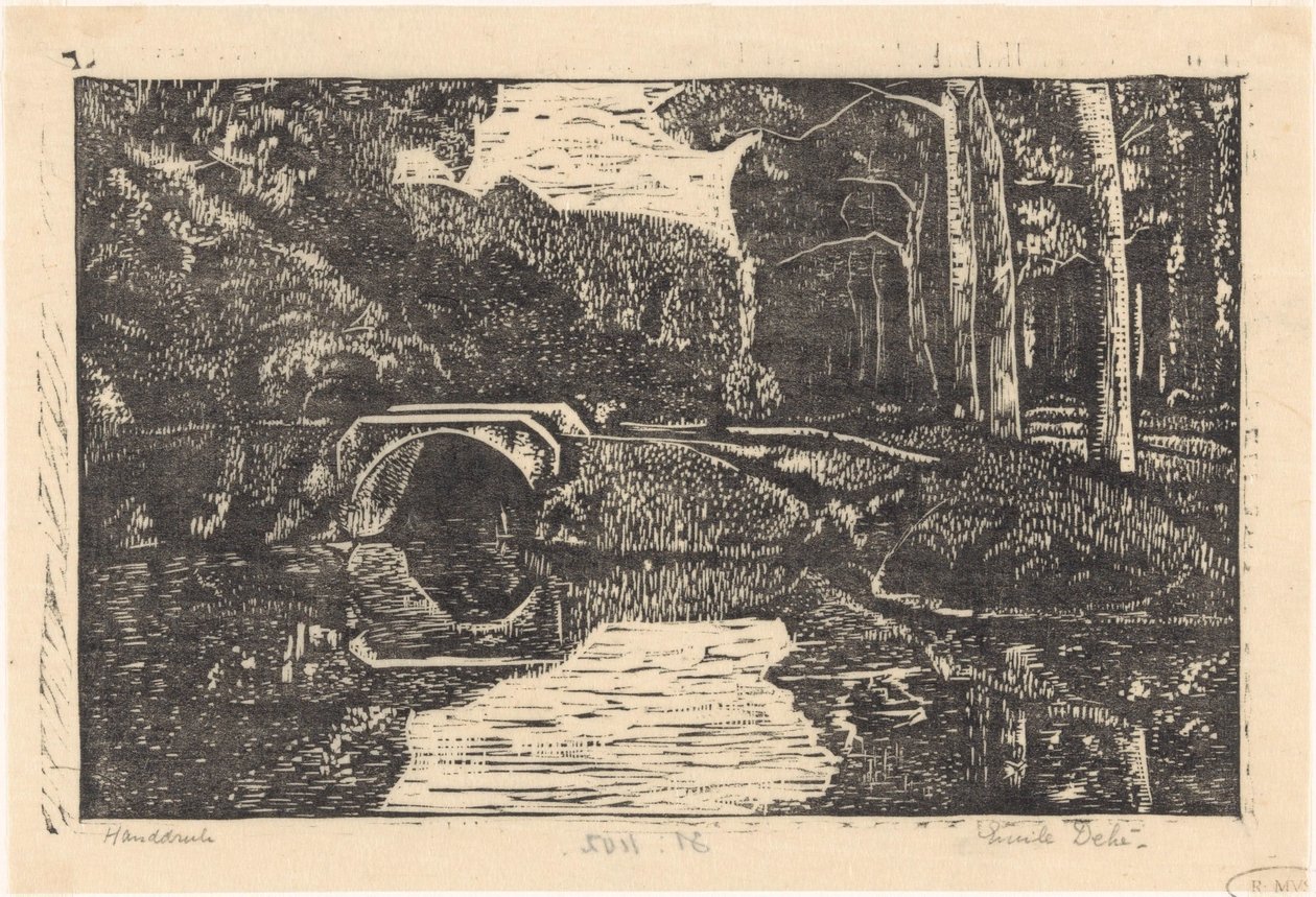 Ormandaki bir kanal üzerinde köprü by Emilius Wilhelmus Dehé (signed by artist)