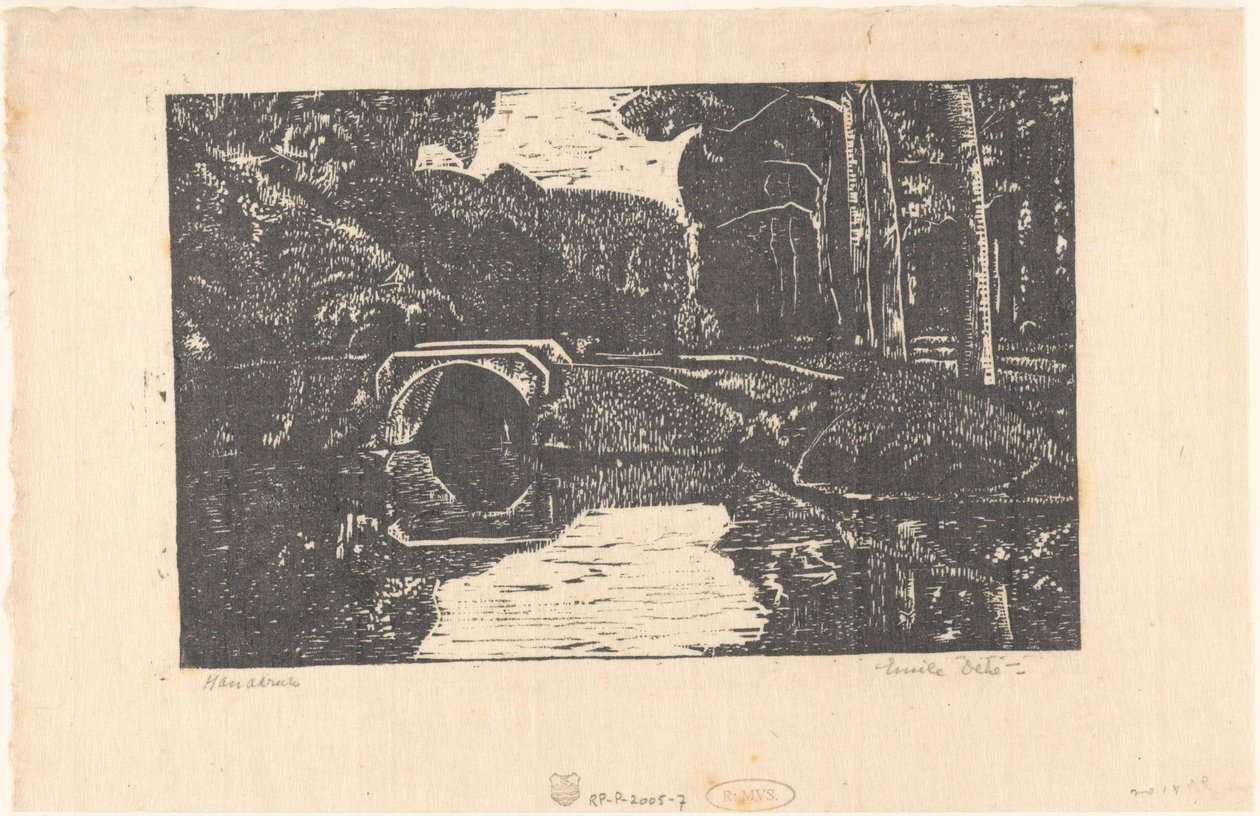 Ormandaki bir kanal üzerinde köprü by Emilius Wilhelmus Dehé (signed by artist)