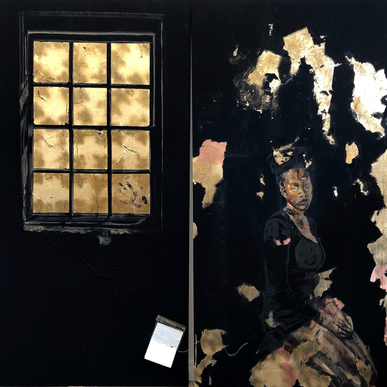 Limbo Diptych, 2021 (yağ, akrilik, ısı transfer baskı ve imitasyon altın varak) by Emma Prempeh
