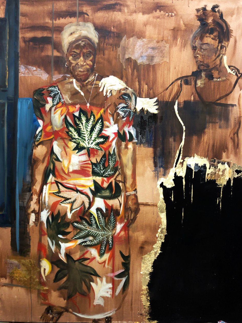 Unknowing Nanabaa, 2021 (tuval üzerine yağlıboya, akrilik, kağıt ve taklit altın varak) by Emma Prempeh
