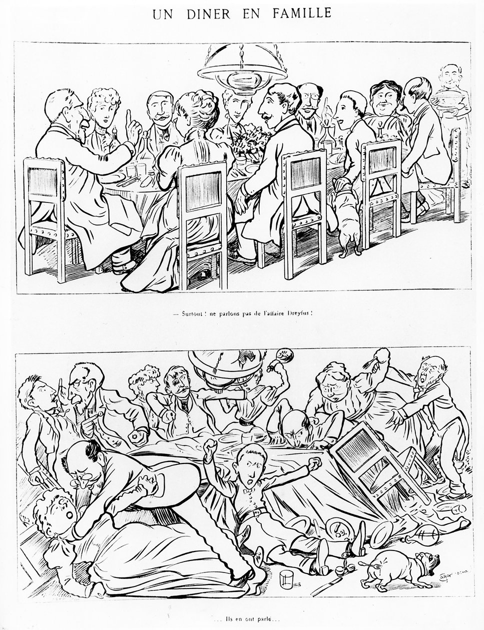 Dreyfus Olayı hakkında konuşmadan önce ve sonra bir aile yemeğinin karikatürü, 1894 dolayları by Emmanuel Poire Caran D