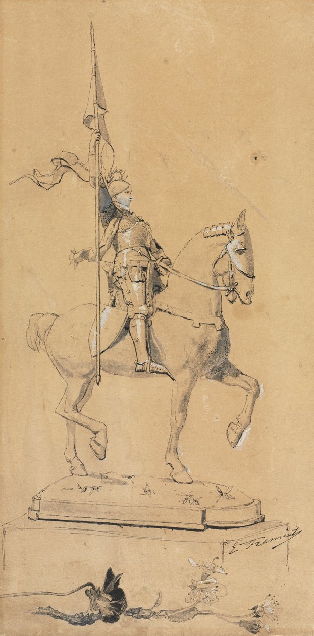At Sırtında Joan of Arc, c. 1889-1899 (kalem ve siyah mürekkep, mürekkep yıkama ve beyaz yükseltme) by Emmanuel Fremiet