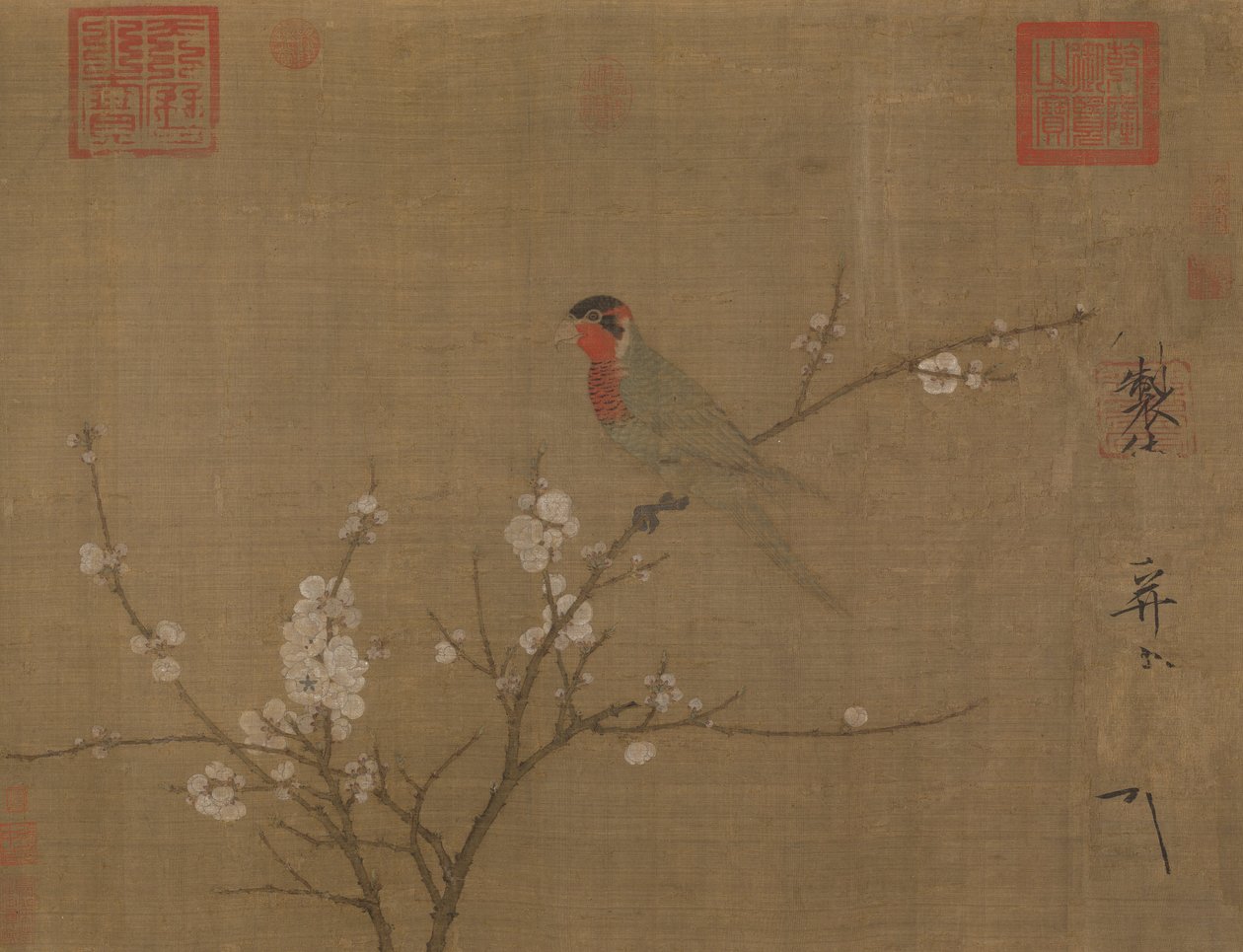Çiçek açan bir kayısı ağacı üzerinde beş renkli muhabbet kuşu by Emperor Huizong