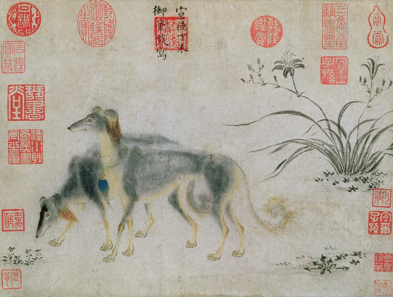 İki Saluki Hounds, 1427 (kağıt üzerine mürekkep) by Emperor Hsuan tsung