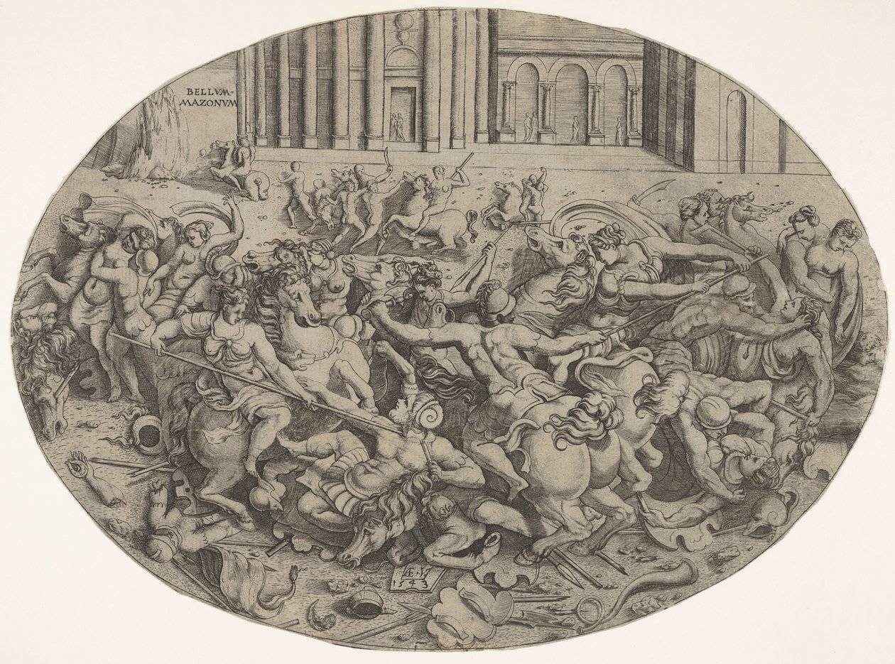 Mimari pasajların önünde Amazonlar ve erkekler arasındaki savaş, oval bir kompozisyon..., 1543. by Enea Vico