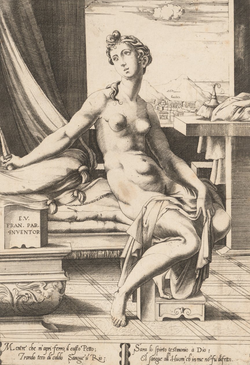 Lucretia Kendini Öldürmeye Hazırlanıyor, yak. 1542. by Enea Vico