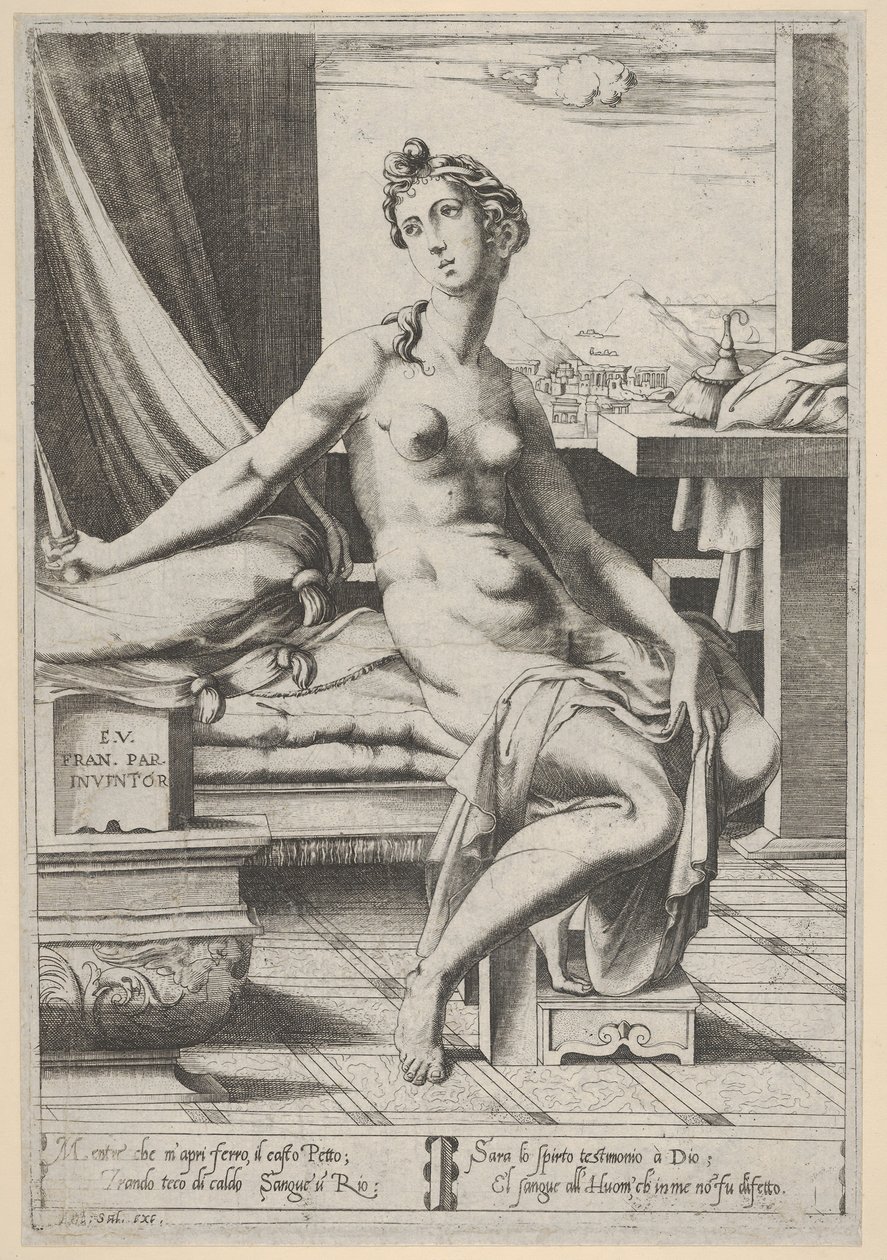 Lucretia çıplak ve bir pencerenin önünde oturmuş, sağ elinde bir hançer ve d..., yakl. 1535-67. by Enea Vico