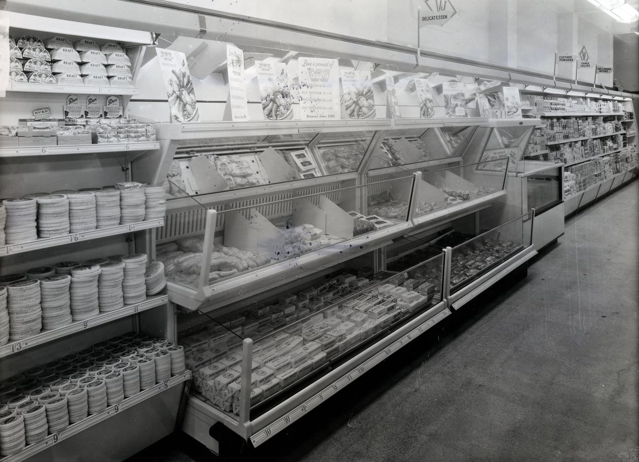 Delicatessen aisle, Woolworths store, 1956  by English Photographer