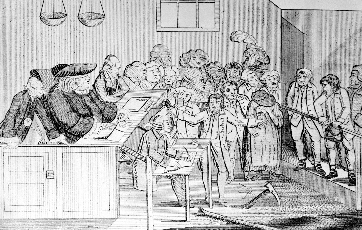 Bir Tahvil ve Yargı, Sir John Fielding, Bow Street Mahkemesine başkanlık ediyor, 1779 by English School