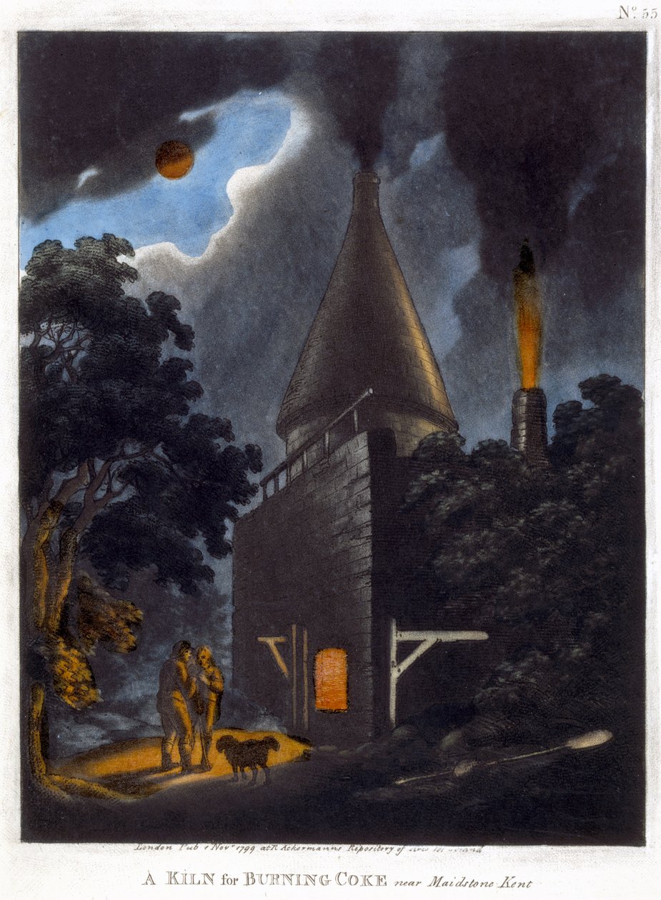 Maidstone yakınlarında Kola Yakma Fırını, Kent, Kasım 1799 (renkli aquatint) by English School
