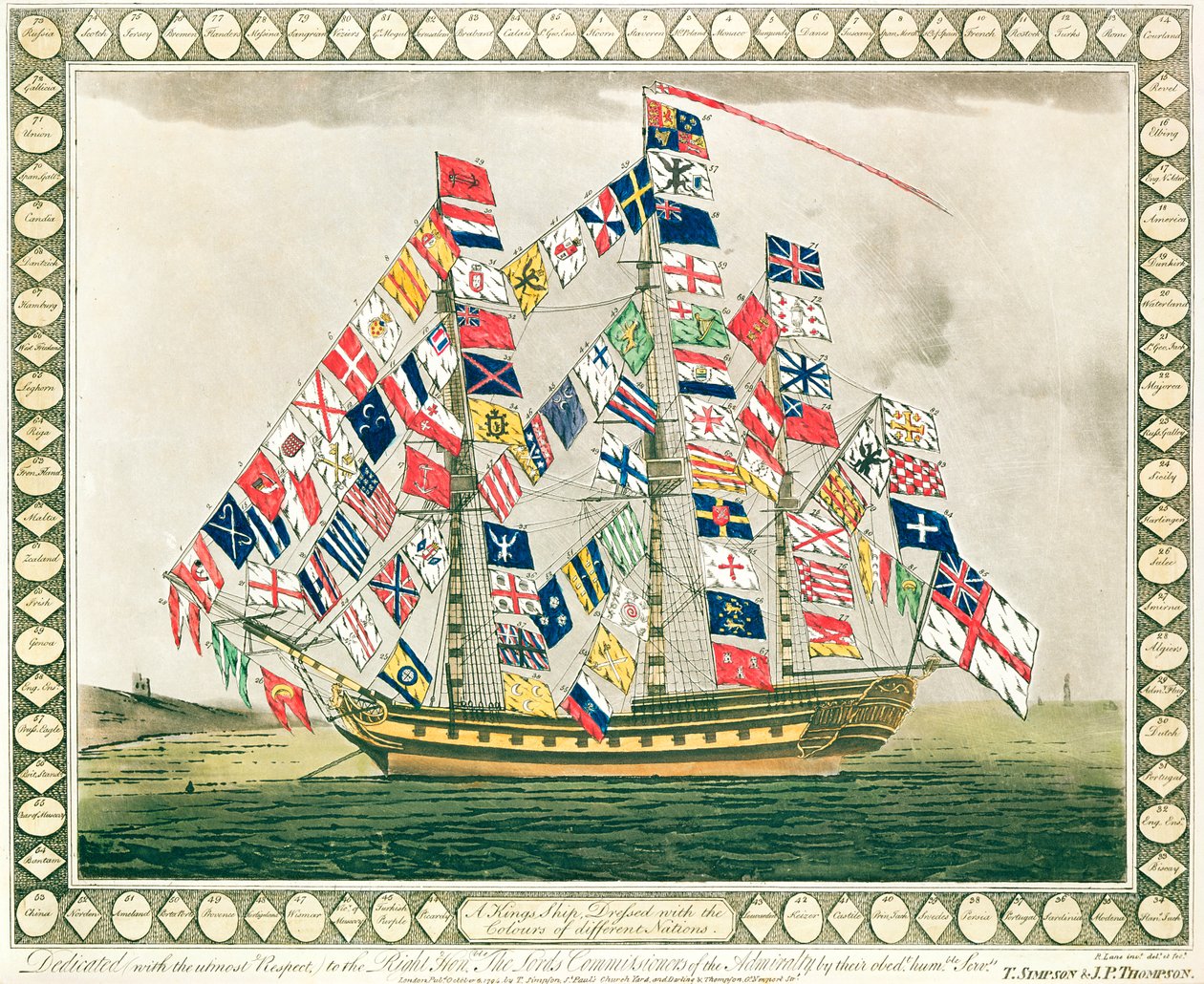 Farklı ulusların renkleriyle süslenmiş bir Kral Gemisi, 6 Ekim 1794 by English School