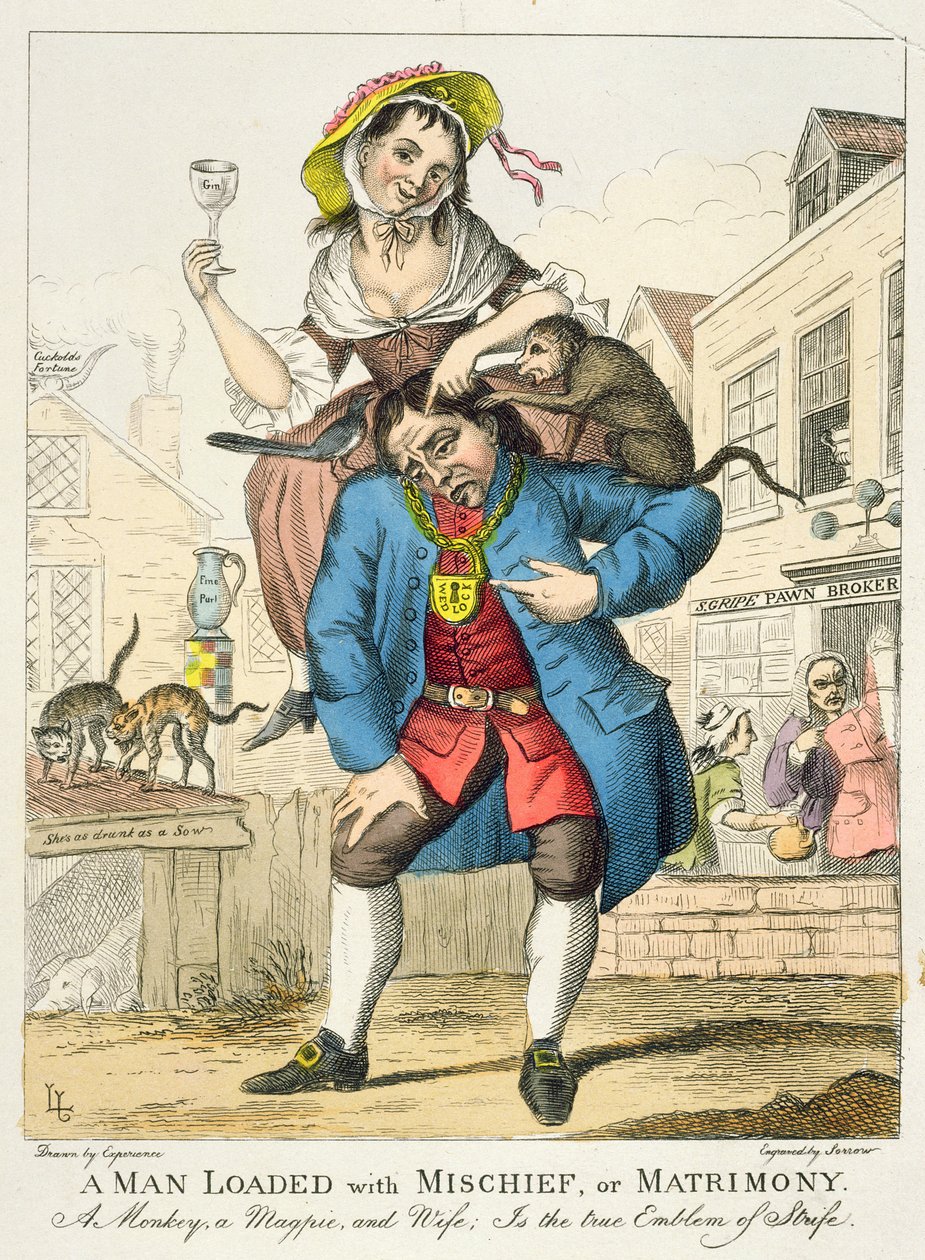 A Man Loaded with Mischief, or Matrimony, c.1766 (colour etching) by English School