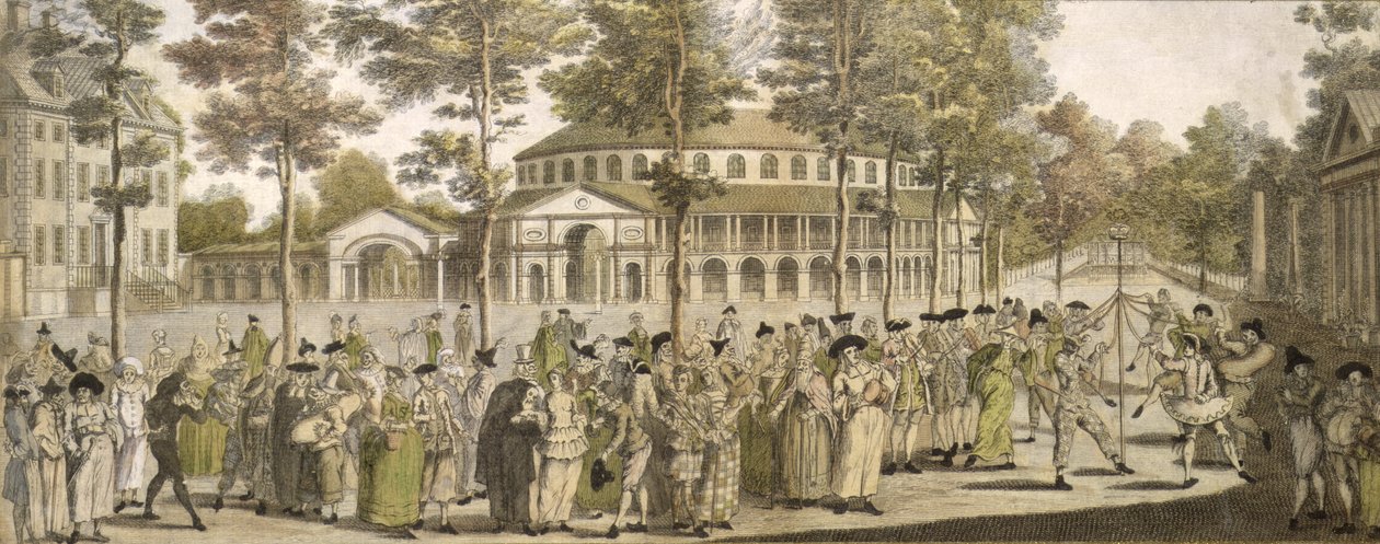 Arka Planda Rotunda ile Ranelagh Bahçelerinde Bir Gösteri, 18. yüzyılın ortalarında (renkli gravür) by English School