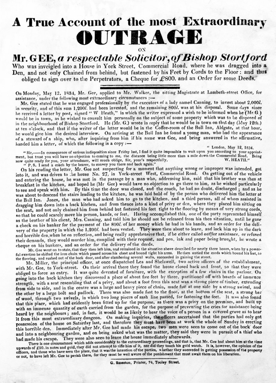A True Account of the most Extraordinary Outrage on Mr Gee, 1834 (letterpress) by English School