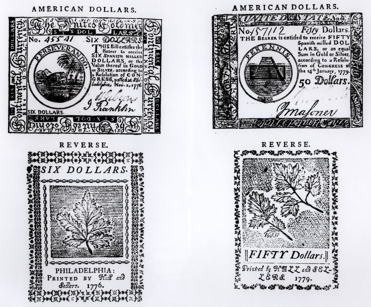 1776 kolonyal altı dolarlık banknot ve 1779 Amerikan elli dolarlık banknot by English School