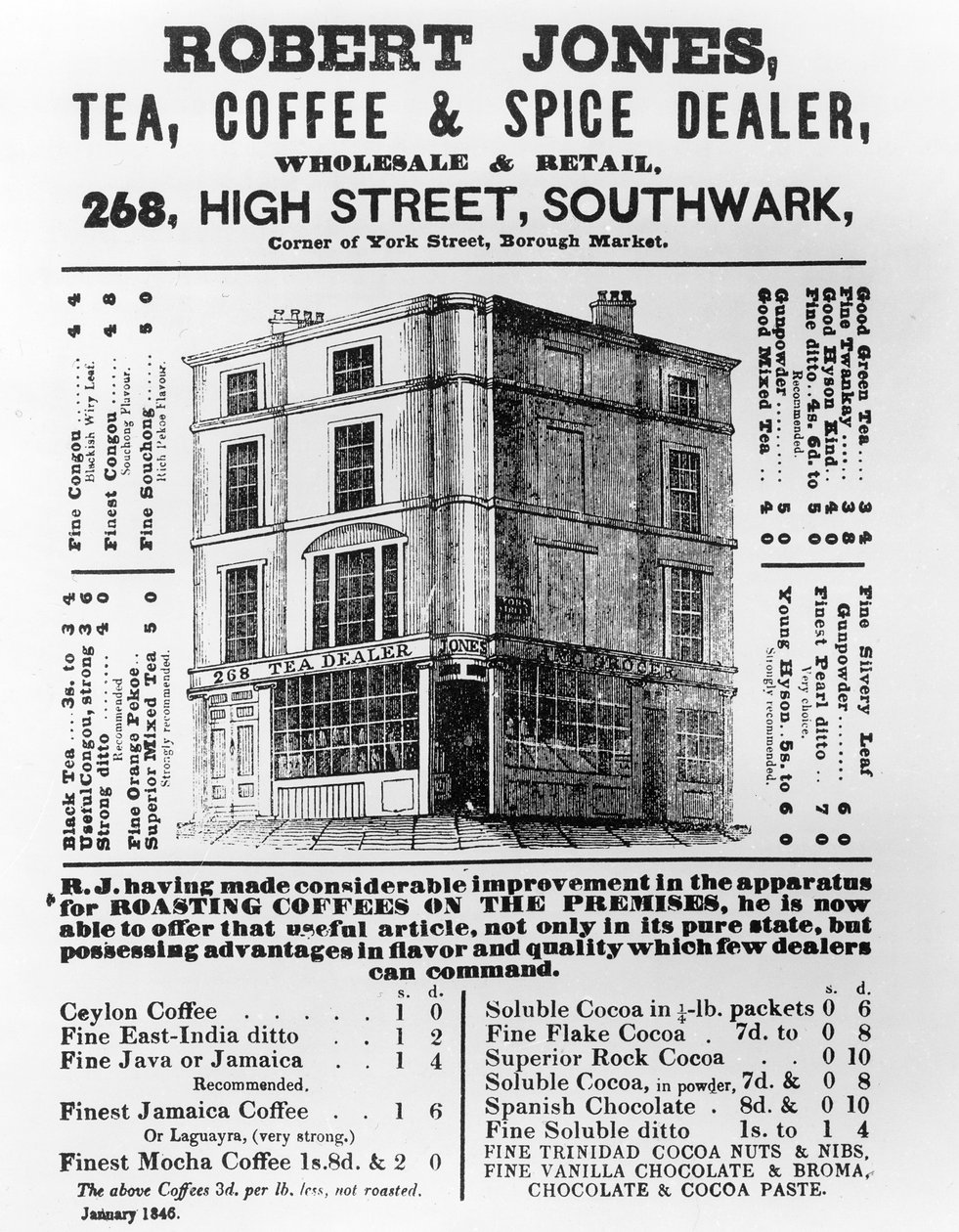 Robert Jones, Çay, Kahve ve Baharat Satıcısı, Ocak 1845 Reklamı by English School