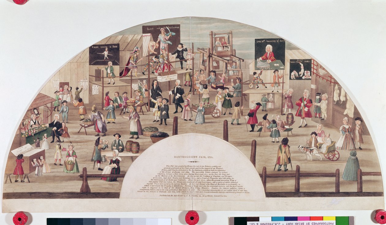 Bartholomew Fair, 1824 (hand-coloured aquatint engraving) by English School