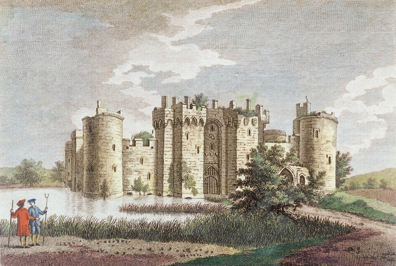 Bodiam Kalesi, Sussex, 7 Ocak 1778 (renkli gravür) by English School