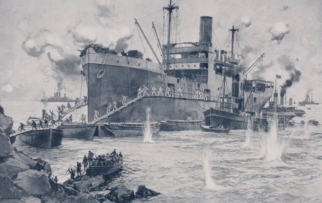 British troops landing at Seddul Bahr, Gallipoli, 15th April 1915  by English School
