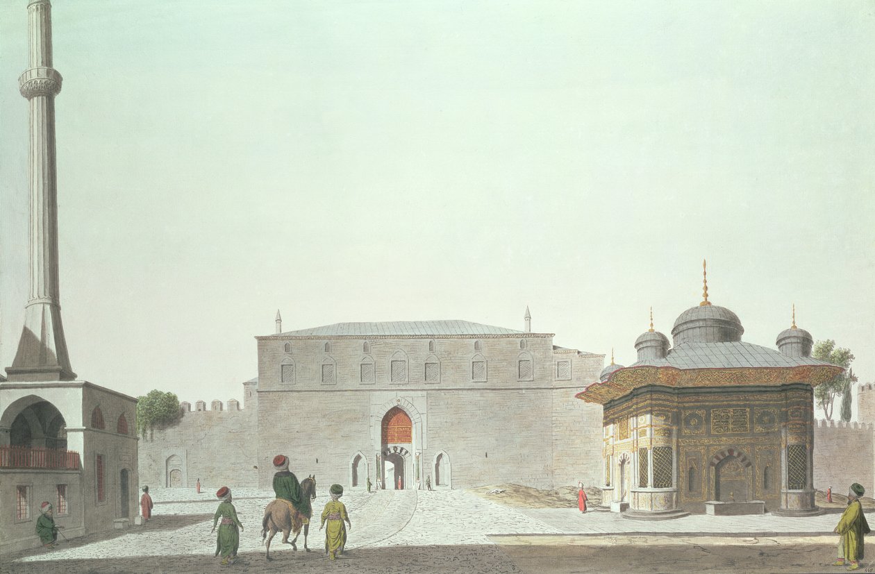 Konstantinopolis: Eski Saray'ın (Topkapı Sarayı) çeşmesini ve İmparatorluk Kapısını gösteren Ayasofya Meydanı by English School