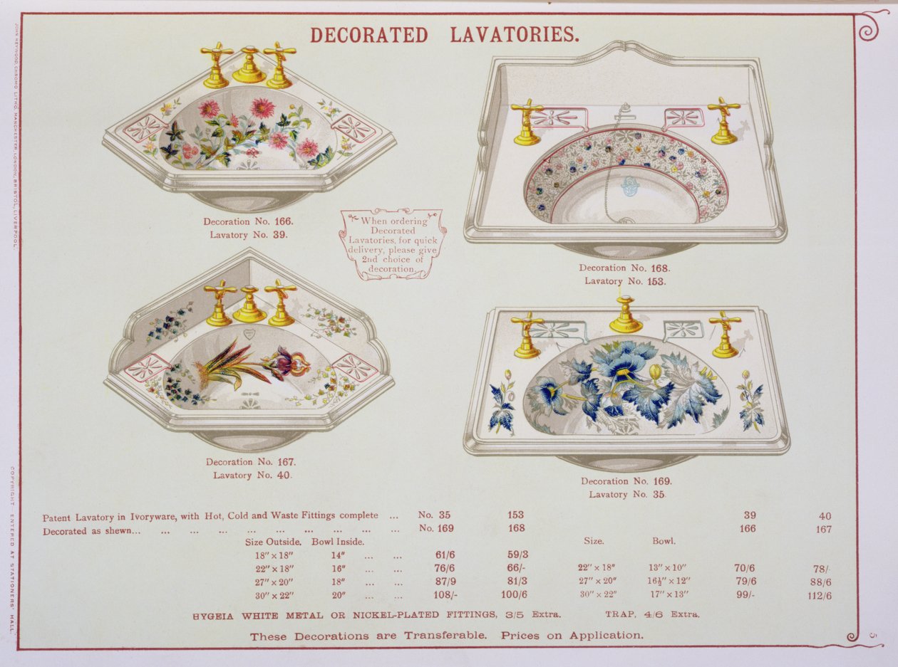 Morrison, Ingram & Co., Manchester tarafından üretilen, 1890 dolaylarında yayınlanan bir sağlık gereçleri kataloğundan dekore edilmiş Lavabolar by English School