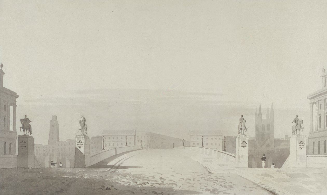 London Bridge Yaklaşımı için Tasarım (kalem ve mürekkep ve kağıt üzerinde grafit üzerinde yıkama) by English School