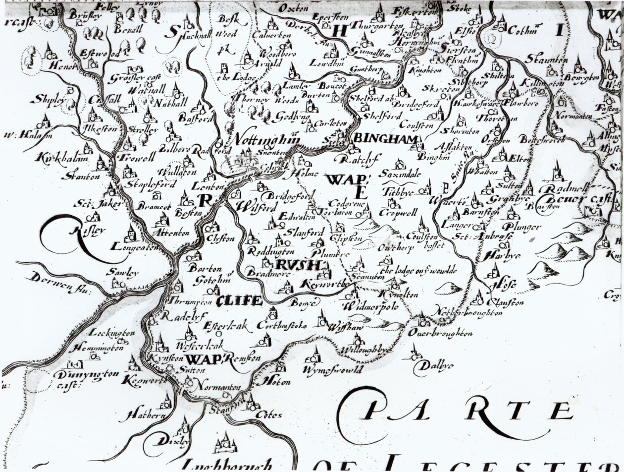 Nottinghamshire ilçesinin Nottingham kasabasını gösteren bir haritanın detayı, 1642 by English School