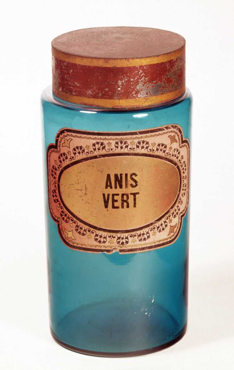 İlaç Kavanozu, Anis Vert için etiketli, c.1860 (mavi cam) by English School