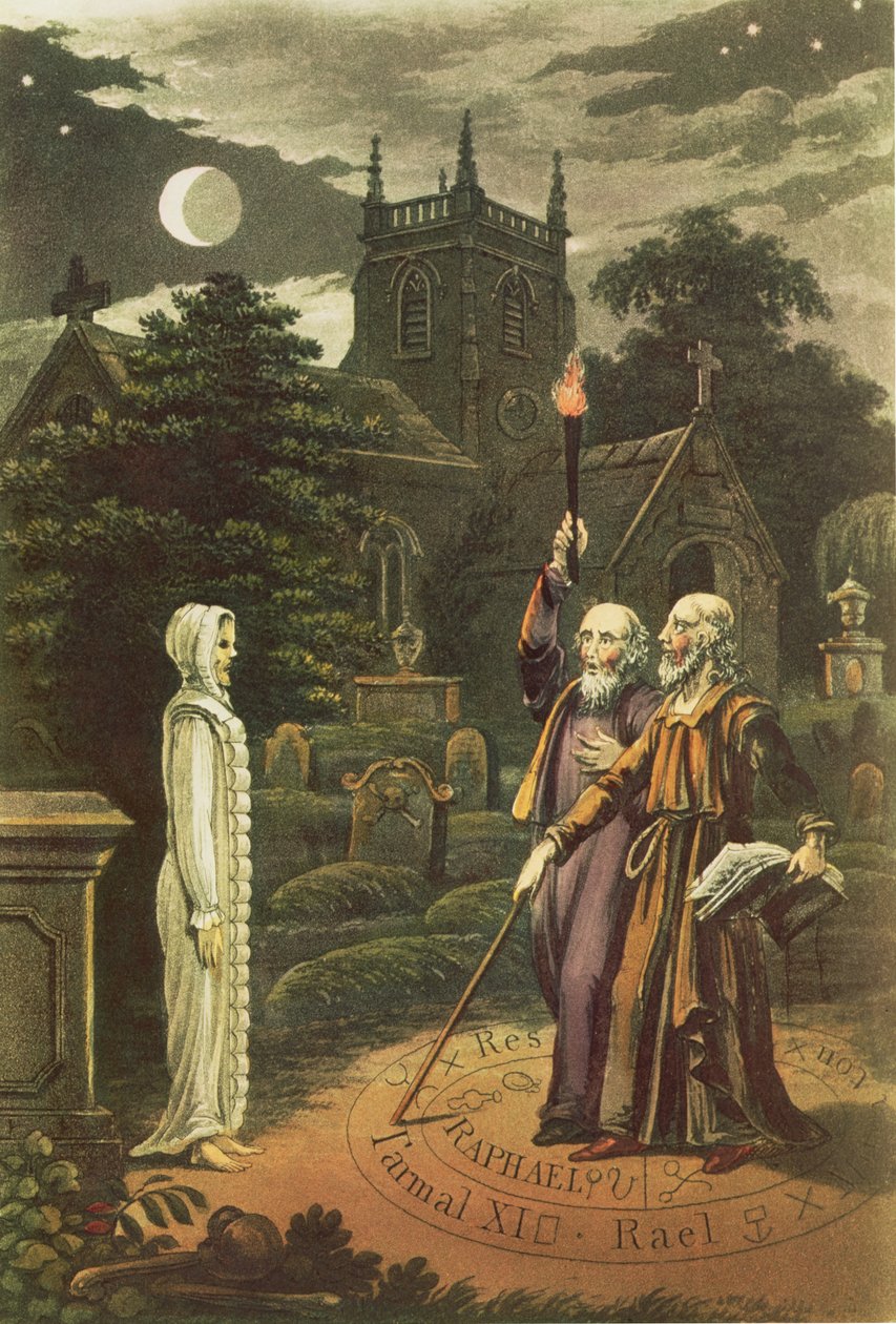 Edward Kelly (d.1555) bir sihirbaz ve ortağı matematikçi ve astrolog John Dee (1527-1608) bir hayalet yetiştiriyor (el renkli gravür) by English School