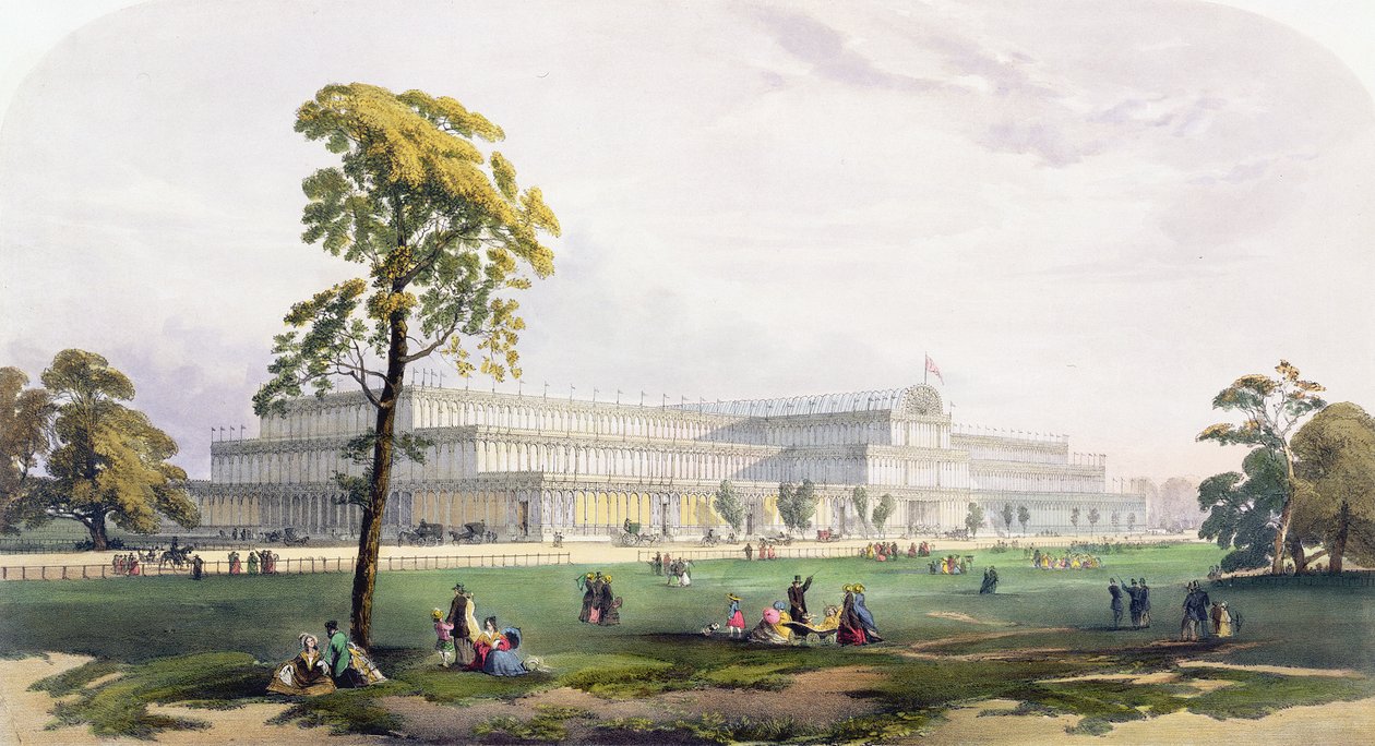 1851 Büyük Sergisinde, Dickinsons Kapsamlı Resimlerden (renkli lito) binanın dış cephesinin genel görünümü by English School