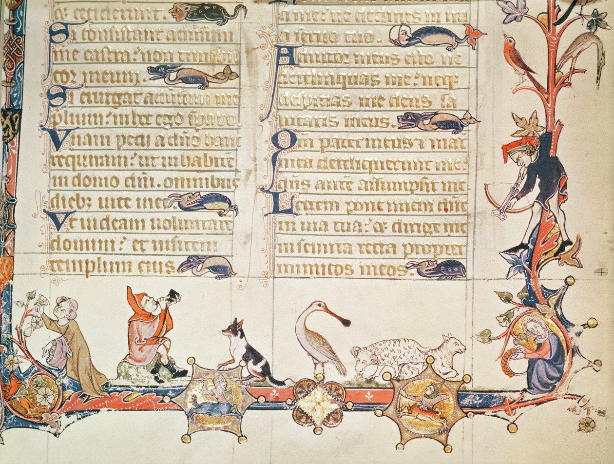 Illustration from a psalter, depicting various figures, a spoonbill, sheep, centaurs and Reynard the Fox  by English School
