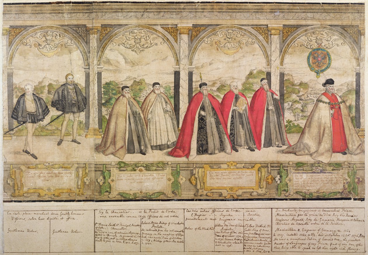 Jartiyer Şövalyelerinin Hayali Kompozit Alayı, Marcus Gheeraerts the Elder (151620-c.1604) 1576 (renkli gravür) by English School