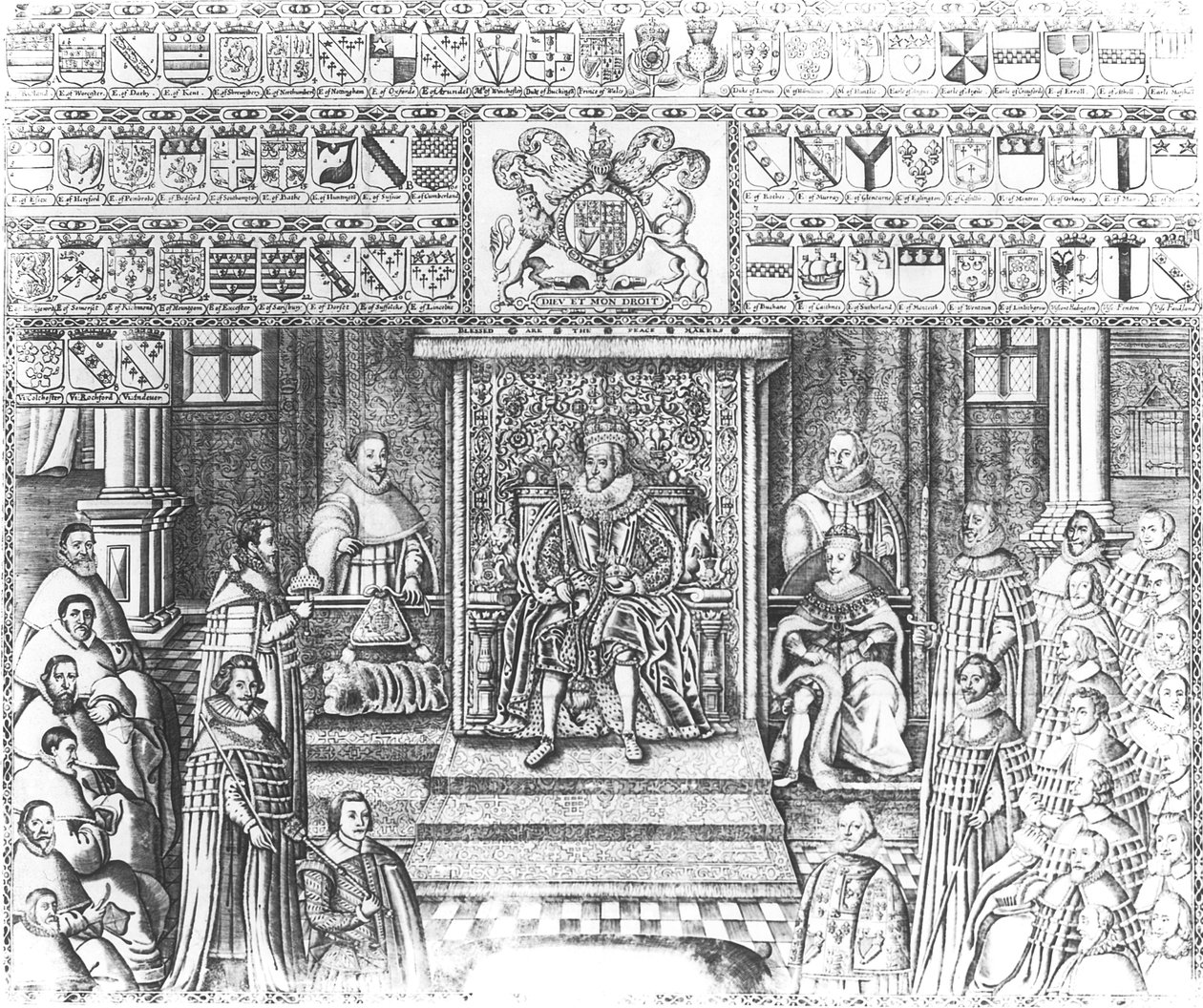 İngiltere Kralı I. James (1566-1625) Mahkemede by English School