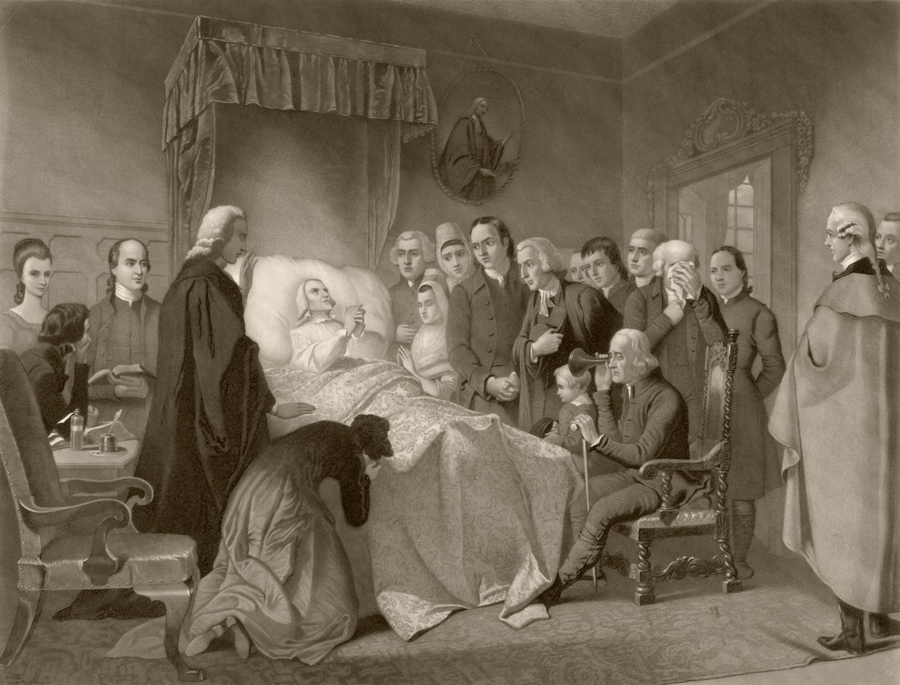 John Wesley, John Sartain tarafından oyulmuş bir 19. yüzyıl çalışmasından sonra ölüm yatağında by English School
