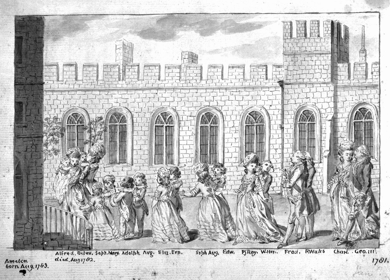 Kral George III ve Kraliçe Charlotte on dört çocukları ile geçit töreninde yürüyorlar, 1781 (kalem ve kağıt üzerinde yıkama) by English School