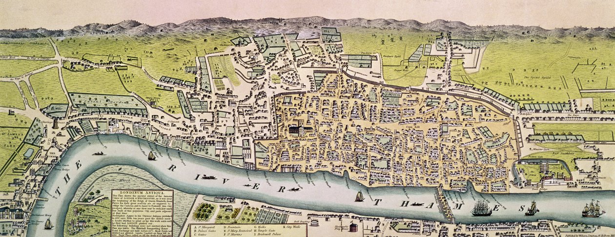 Londinium Antiqua, Londra haritası, pub. William Darton, 1563 (el boyaması gravür) by English School