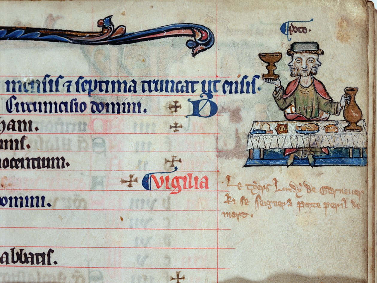 MS CCC 285 f.3 Üç başlı bir adam içiyor, bir mezmur takviminde Ocak ayı için resim, c.1250-75 by English School