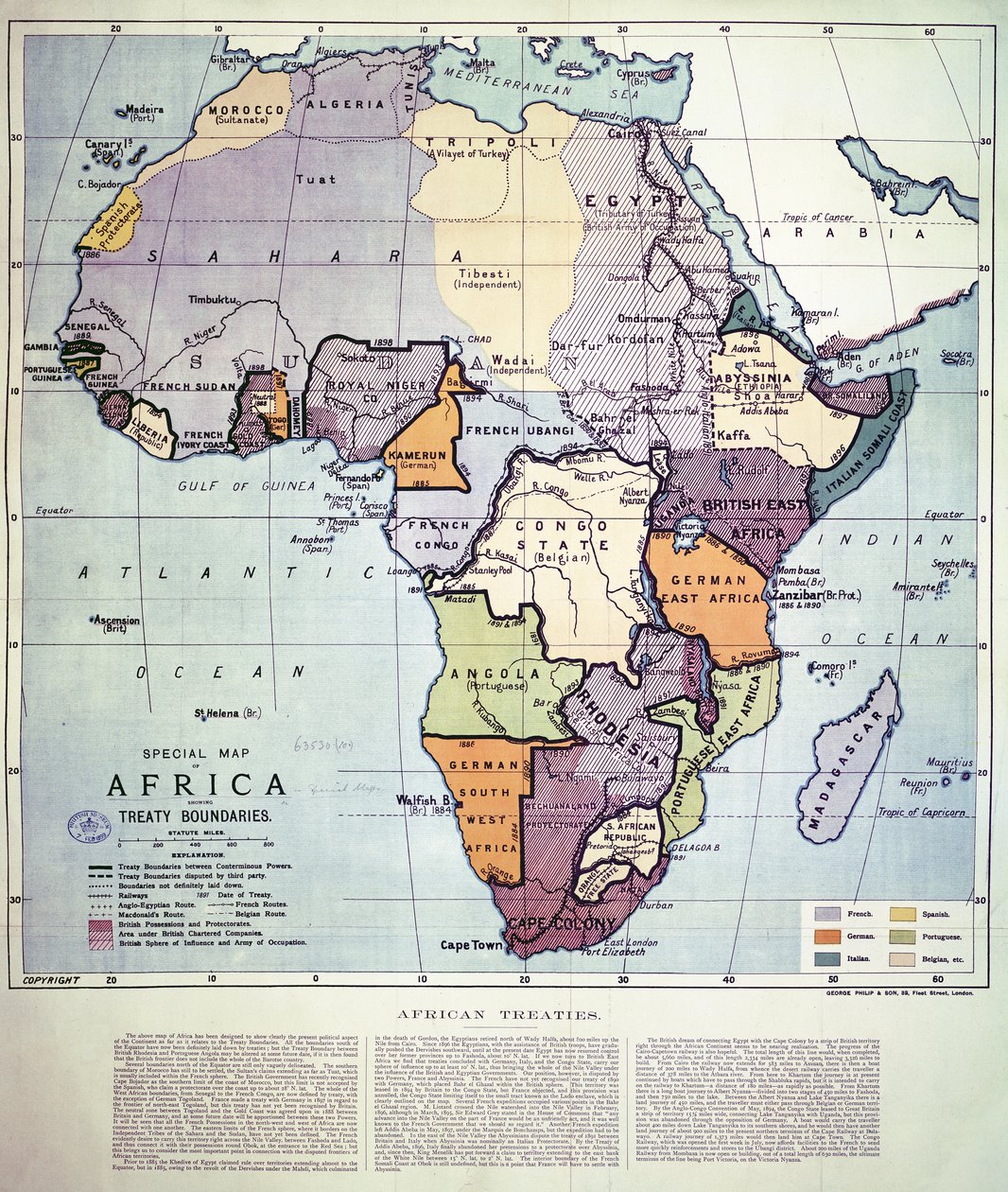 Anlaşma Sınırlarını gösteren Afrika Haritası, 1891 (renkli litografi) by English School