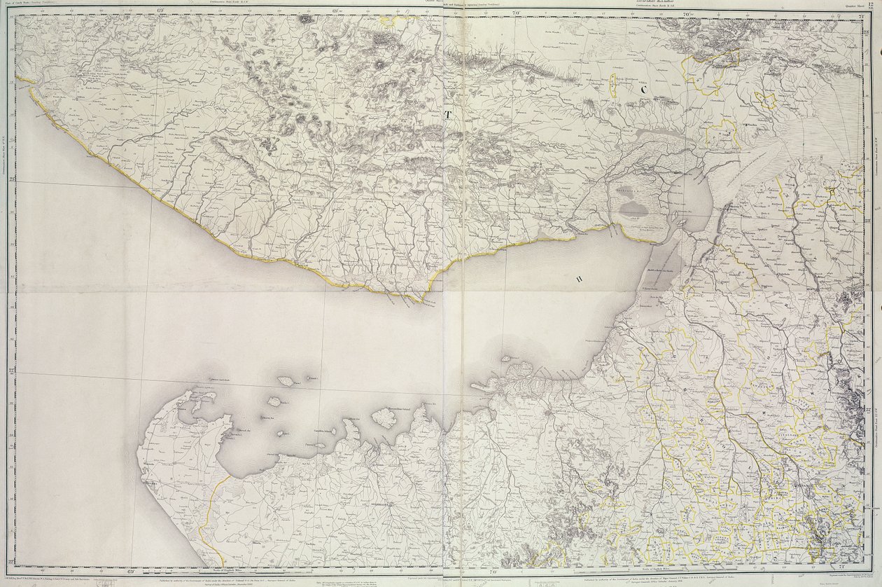 Cutch ve Kathiawar Haritası, Albay G.C. de Pree, SC, Hindistan Genel Müfettişi, 1885 by English School