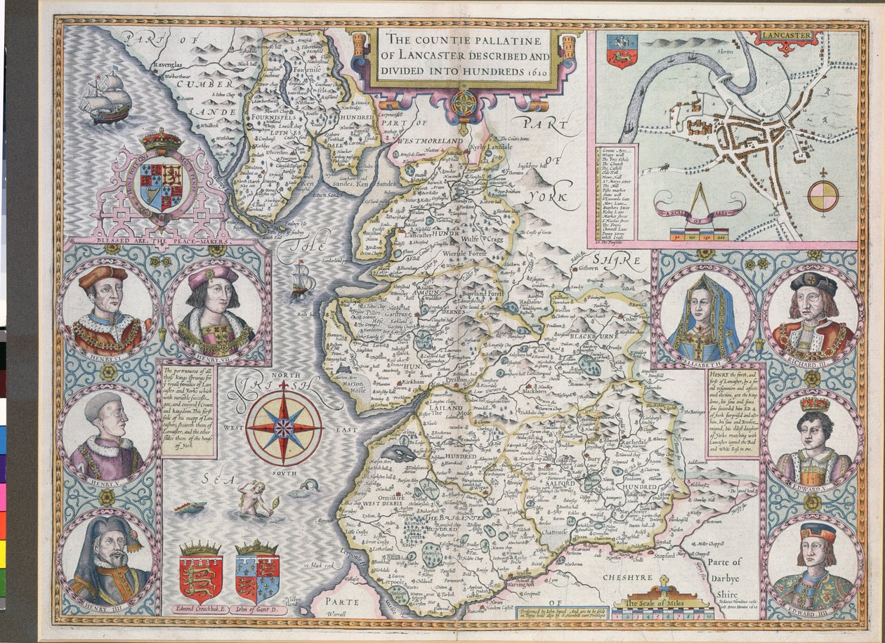 Yüzlerce bölünmüş Lancaster Haritası, 1610 (renkli gravür) by English School