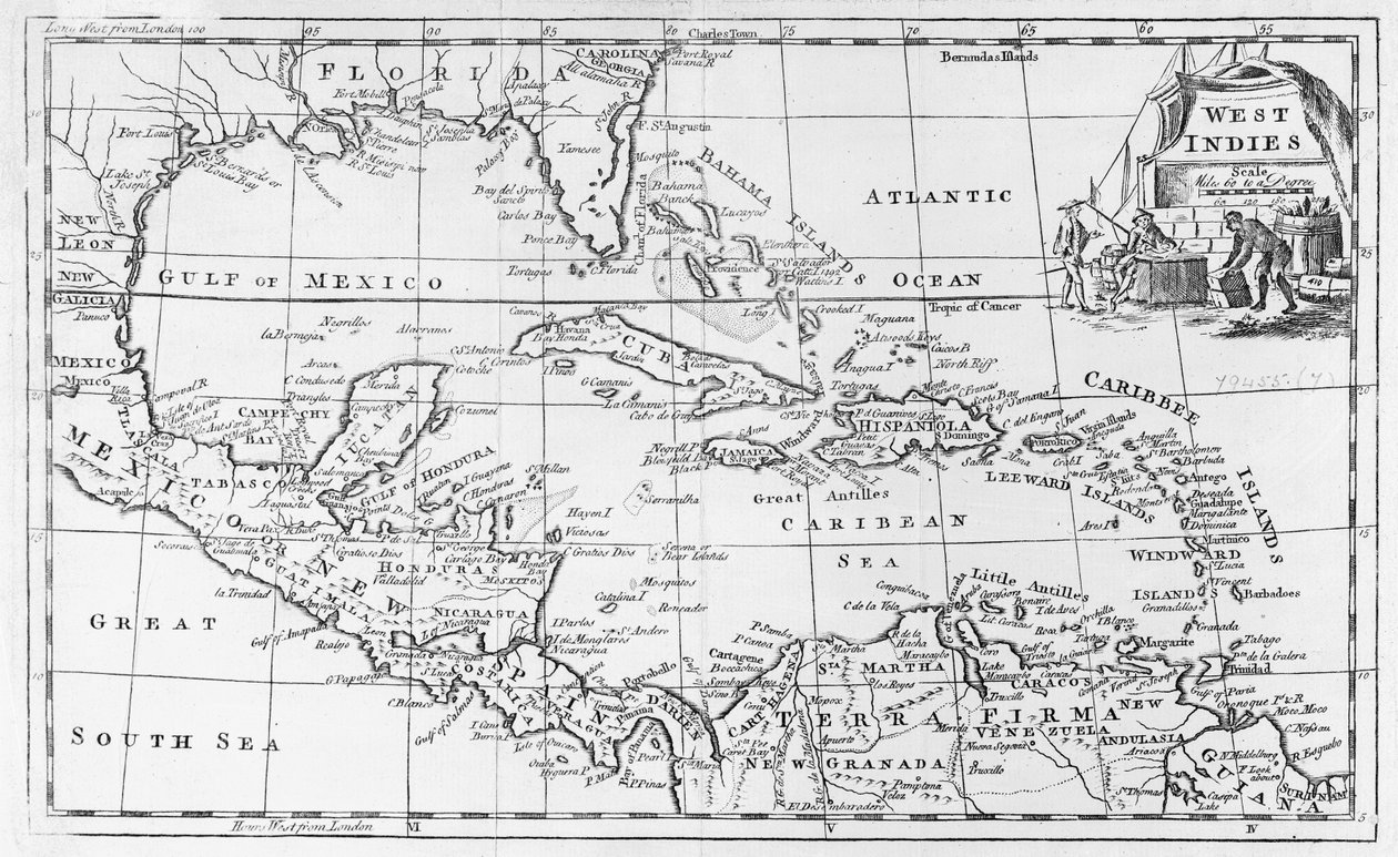 Map of the West Indies, Florida and South America   by English School