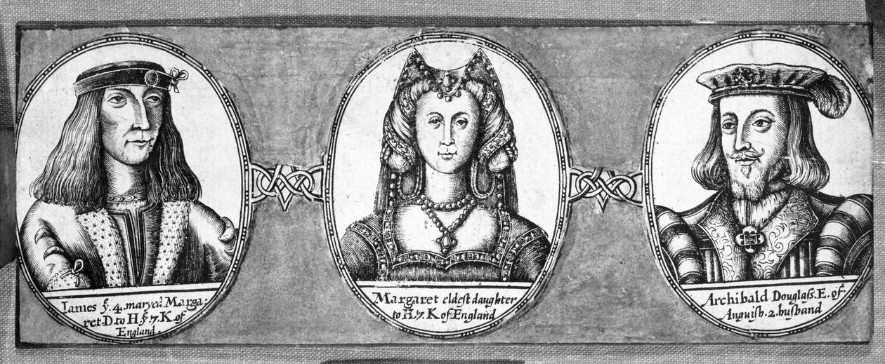 Margaret Tudor, kocası James IV ve Archibald Douglas ile birlikte by English School