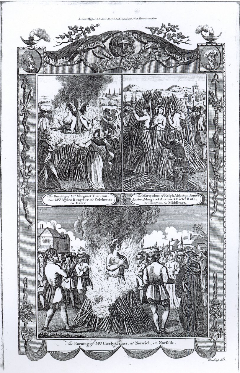 Men and women burned at the stake in 1557, from an edition of 