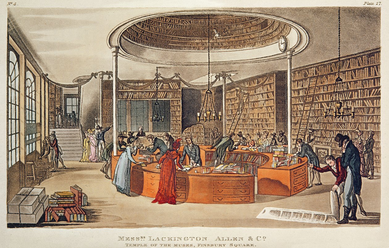 Messrs. Lackington, Allen und Co. Muses Tapınağı, Finsbury Meydanı, Londra, 1809 (aquatint ile elle renklendirilmiş gravür) by English School
