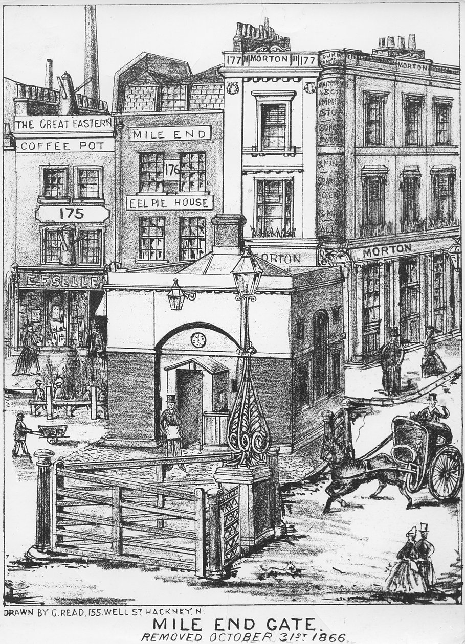 Mile End Gate, c.1866 (kağıt üzerinde kalem ve karakalem) by English School