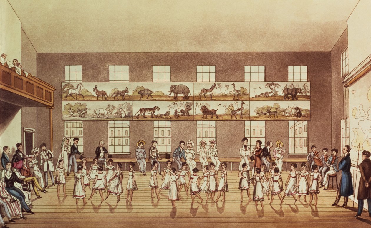 Bay Owens Institution, New Lanark (Quadrille Dancing), George Hunt tarafından oyulmuş, pub. 1825 by English School