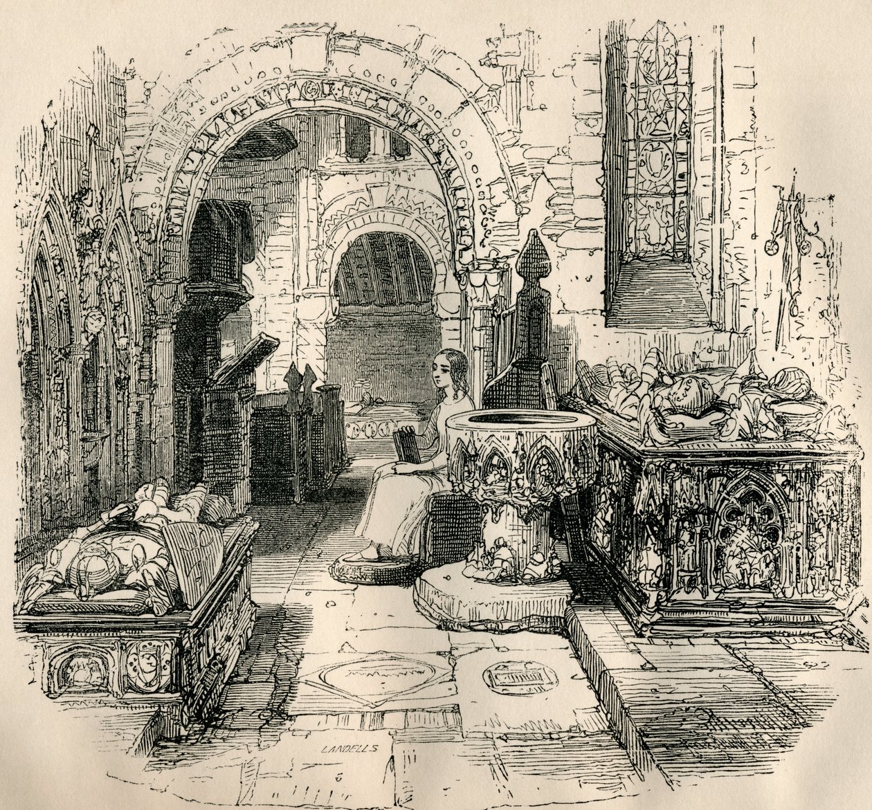 Nell Trent sitting in the old church, from 