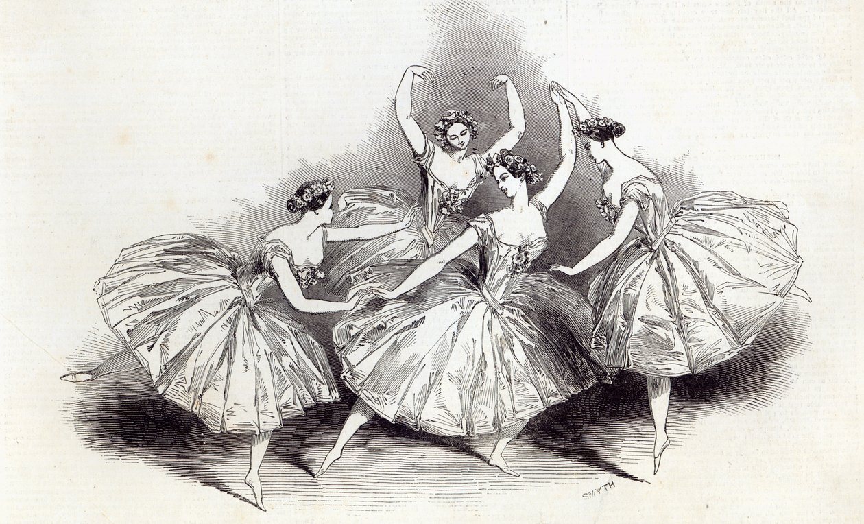 Yeni Pas de Quatre, Mdlles tarafından. Taglioni, C. Grisi, L. Grahn ve Cerito, Majestelerinin Tiyatrosunda, The Illustrated London News, 19 Temmuz 1845 by English School